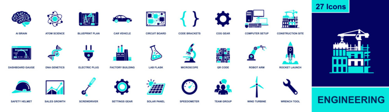 Engineering icon set. Containing blueprint, circuit board, robot arm, microscope, lab flask, solar panel, wind turbine, tools, safety helmet and more. Solid fill vector icons collection.