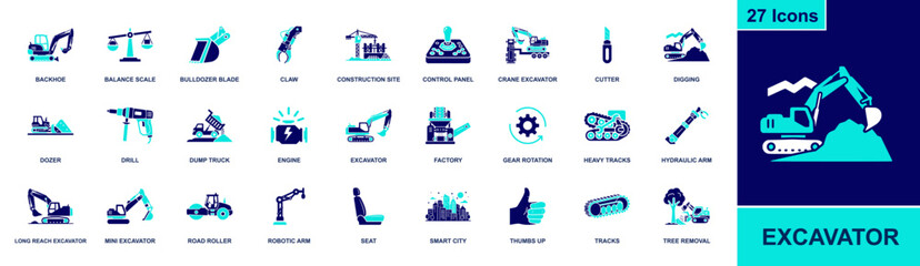 Excavator icon set. Containing backhoe, bulldozer blade, dump truck, digging, hydraulic arm, heavy tracks, road roller, crane excavator, drill and more. Solid fill icons collection. © Samee