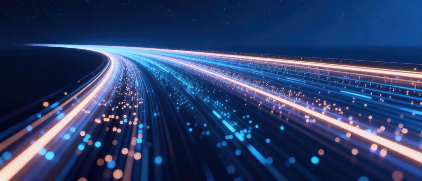 Futuristic glowing data highway with blue and orange light trails in digital space, idea for AI technology background, high speed network communication and big data innovation concept