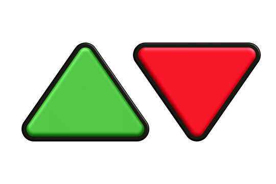3D Glossy Up and Down Arrow Icons, Green Triangle Increase and Red Triangle Decrease Symbols on Transparent Background