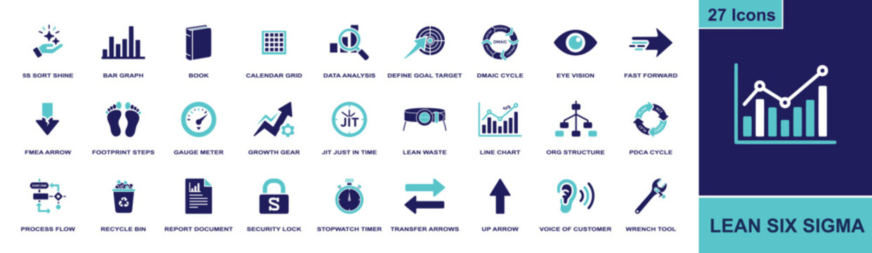 Lean Six Sigma icon set. Containing DMAIC, JIT, PDCA, FMEA, process flow, data analysis, lean waste, target, growth chart and more. Solid fill vector icons collection for lean improvement.
