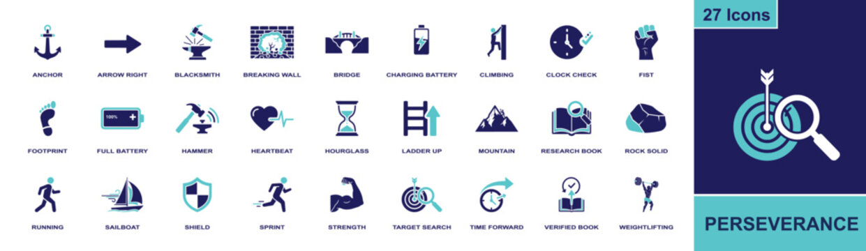 Perseverance icon set. Containing anchor, climbing, ladder, mountain, shield, target, sprint, strength, hourglass and more. Solid fill vector icons collection for resilience concepts.