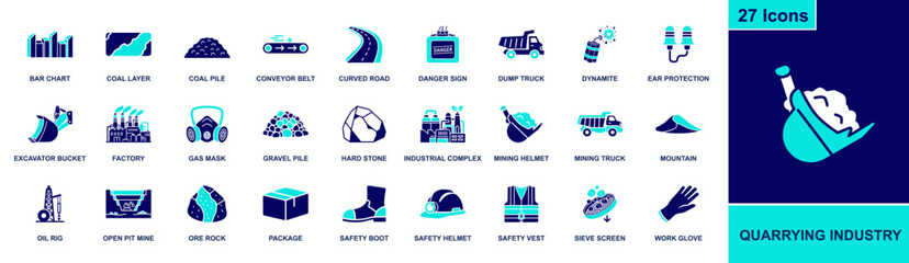 Quarrying industry icon set. Containing excavator, dump truck, open pit mine, ore rock, conveyor belt, safety helmet, gas mask, dynamite and more. Solid fill vector icons collection. © Samee