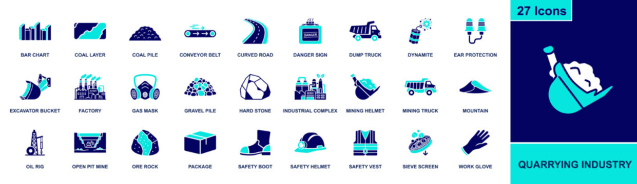 Quarrying industry icon set. Containing excavator, dump truck, open pit mine, ore rock, conveyor belt, safety helmet, gas mask, dynamite and more. Solid fill vector icons collection.
