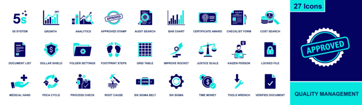 Quality management icon set. Containing 5S system, analytics, audit search, checklist form, PDCA cycle, root cause, six sigma, verified document and more. Solid fill vector icons collection.