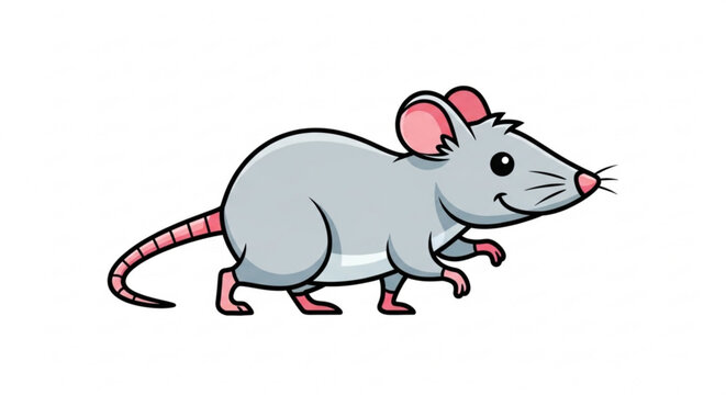 A cute cartoon mouse with pink ears and tail walking on a white background looking happy and playful