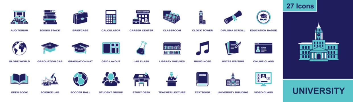 University icon set. Containing classroom, diploma, graduation cap, textbook, science lab, student group, study desk, career center and more. Solid fill vector icons for education.