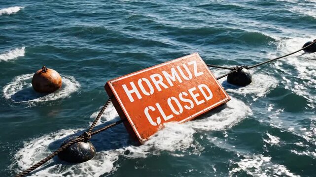Orange sign with white letters reading Hormuz closed floats in rough ocean waves near buoys and rope