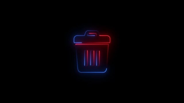Glowing neon trash bin animation featuring vibrant red and blue light lines on a solid black background digital interface.