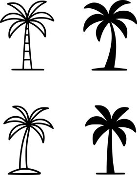 Palm tree illustration icon set, in outline and silhouette, for plant or nature design