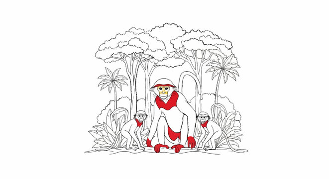 Monkeys in the jungle with trees and foliage, coloring book style