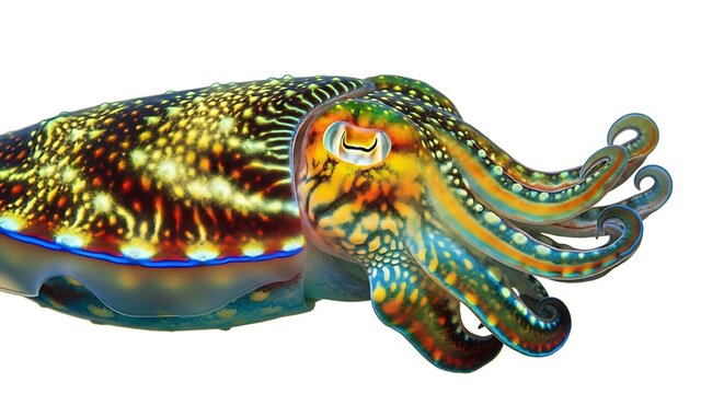 Vibrant colorful cuttlefish swimming in ocean waters display
