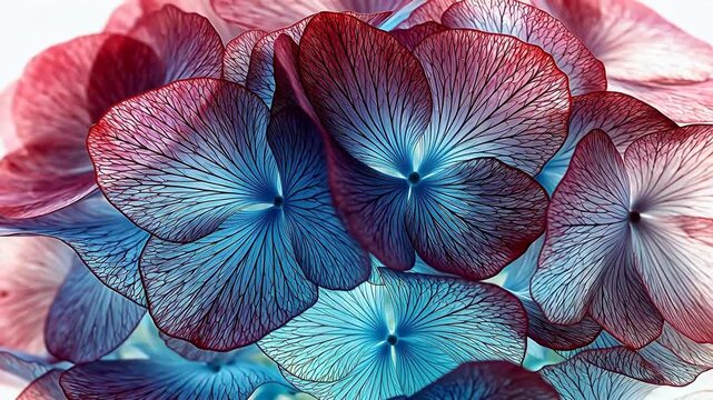 Closeup of red and blue hydrangea flowers