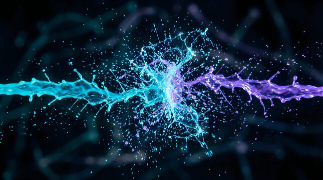 Dynamic high-speed photo of two vibrant turquoise and purple liquid streams colliding, creating an explosive splash of droplets against a dark background, symbolizing impact, energy