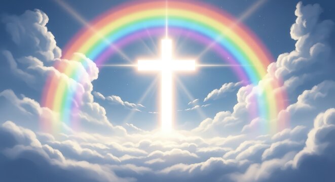 Glowing cross in sky with rainbow and clouds symbolizing hope faith divine promise and spiritual inspiration concept
