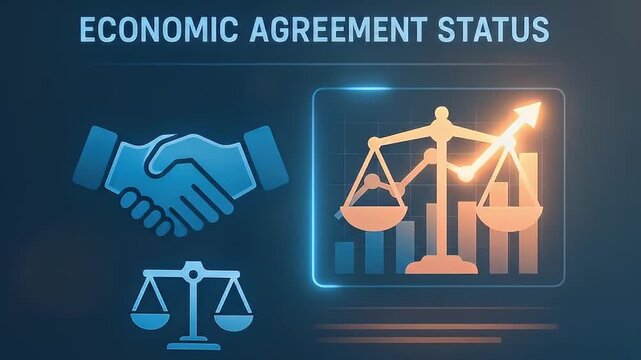Economic agreement status handshake balance scale finance icon justice bar chart contract trade deal financial growth market data negotiation corporate decision investment concept