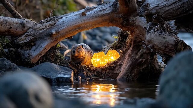 Beaver river pumpkin lantern autumn forest wildlife night reflection log gentle river beaver watches glowing pumpkin lantern riverbank fallen log night with warm autumn forest reflection water
