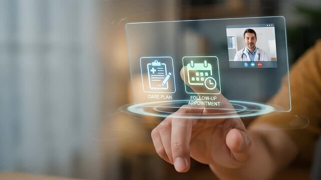 Healthcare technology virtual doctor telemedicine consultation online medical digital interface care plan follow up appointment video call futuristic telemedicine interface glass screen remote