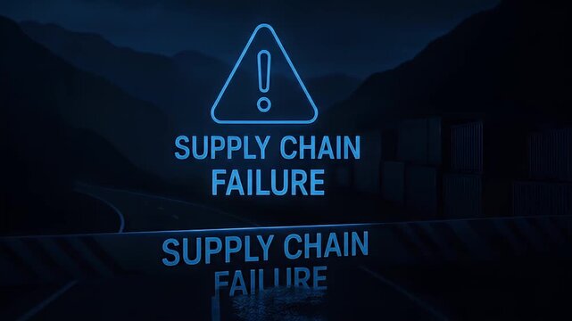 Supply chain failure alert logistics disruption risk crisis warning sign neon glitch delay warning glowing text concept night road container mountain
