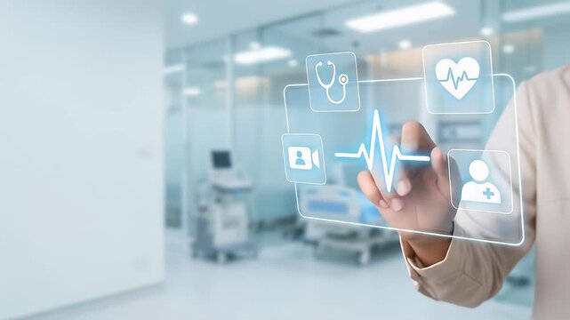 Futuristic medical technology digital health telemedicine healthcare innovation virtual interface hospital doctor patient heartbeat stethoscope modern touch screen digital network virtual healthcare