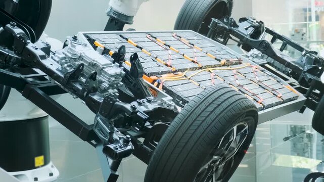 High-tech automotive manufacturing display featuring robotic arms assembling electric vehicle chassis with integrated lithium EV battery pack and drivetrain components. Human free manufacture