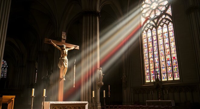 Dramatic light rays illuminating a wooden crucifix and altar inside a grand, dark gothic church with a vibrant stained glass window, evoking spirituality and faith.