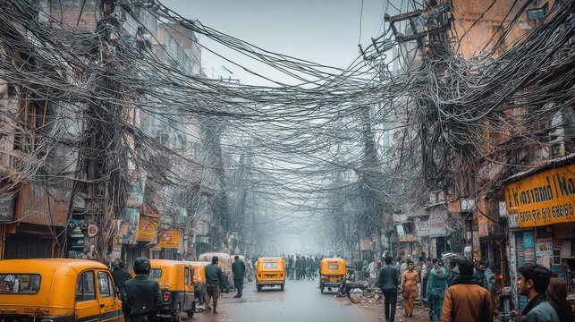 Chaotic Cityscape: Tangled Wires Above a Bustling Street Scene with Taxis and Pedestrians in Urban Asia