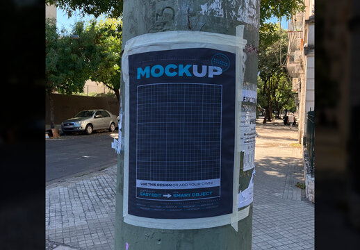 Poster Page Paste to Pole on Street Mockup