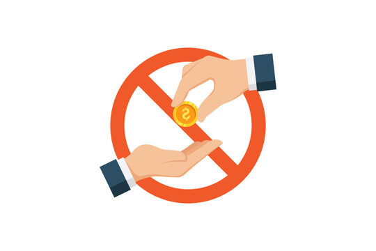 vector Illustration of a coin being passed between hands over a red prohibition sign, representing anti-bribery, corruption prevention, ethics, financial compliance, illegal payment ban.