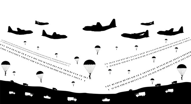 Parachuters jump from military planes over countryside landscape with vehicles and animals below