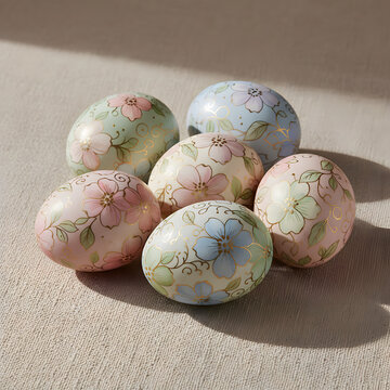 Elegant Easter Eggs with Floral Decoration on Neutral Background