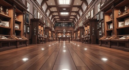 Fototapeta premium Long exposure of a grand library with wooden shelves and floor