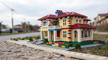Naklejka premium Detailed Lego Villa Model with Modern Architecture and Colorful Exterior Elements