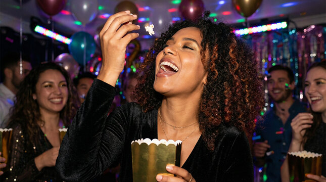Woman laughing and throwing popcorn into her mouth with colorful party lights in the background