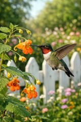 Fototapeta premium A hummingbird, its iridescent feathers shimmering in the sunlight, hovers by a bright orange touch-me-not flower in a lush garden framed by a white picket fence