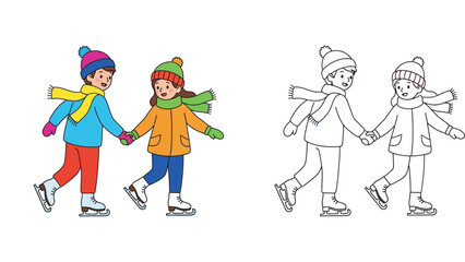 Fototapeta premium Cute boy and girl ice skating holding hands, winter activity vector illustration with coloring page line art version.