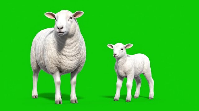 A white sheep and a lamb standing on a green screen background looking at the camera.