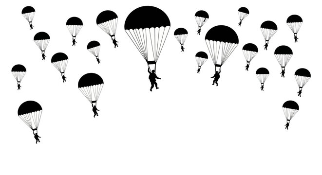 Parachuters jump in formation with black and white parachutes in the air on a white background