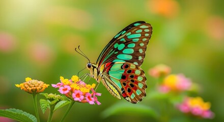Obraz premium Vibrant butterfly on colorful flowers in a lush garden setting