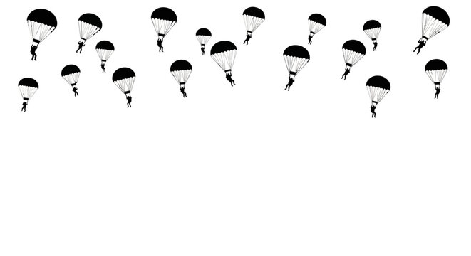 Parachuters in formation flying high in the air with black and white parachutes