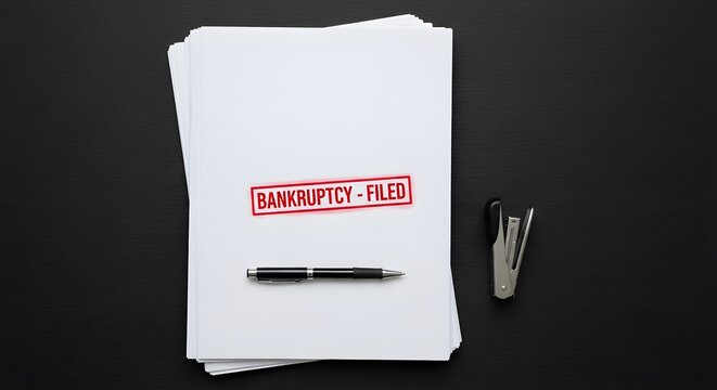 Bankruptcy Filed official documents with red stamp, pen, and stapler on a dark desk, representing financial insolvency and legal action.
