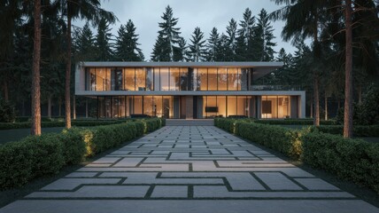 Fototapeta premium Modern luxury mansion entrance with minimalist landscaping and trees