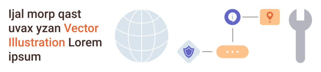 Obraz premium Cybersecurity, global communication, internet services, location tracking, system integration, digital tools. Globe, shield map pin connections wrench. Cybersecurity and global communication