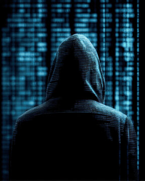 A hooded figure stands in front of a digital background filled with blue code, symbolizing hacking or cybersecurity threats.
