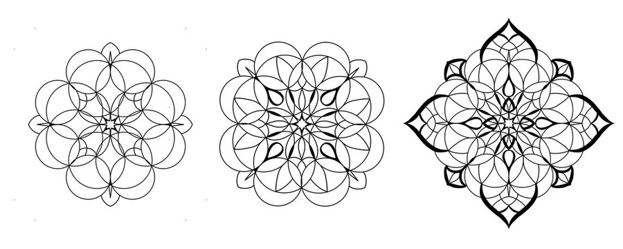 The mandala is black and white. Geometric pattern. Coloring book. A very powerful symbol of sacred geometry. A complex pattern of interconnected shapes. The stages of drawing a mandala.