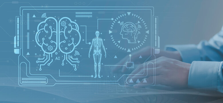Medical interfaces, AI-driven brain analysis, human anatomy and neurological diagnosis, where hands interact with digital panels, advanced healthcare technologies and intelligent information systems.