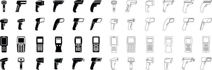 QR code scanner icon set collection group in black flat line style featuring barcode reader, scanning device, digital sensor, POS technology, retail equipment and automation synonym elements for payme © AbdulJabbar