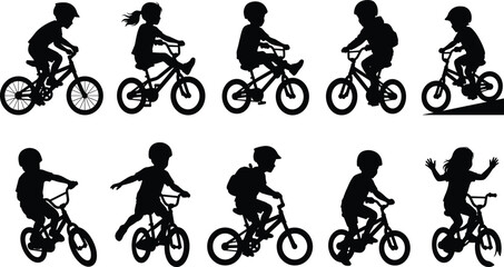 Obraz premium Dynamic silhouettes of children riding bicycles in playful outdoor activities, showcasing energy, movement, exercise, and childhood fun