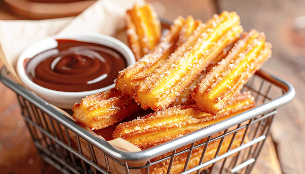 Golden churros in a basket with a rich chocolate dipping sauce, closeup. AI