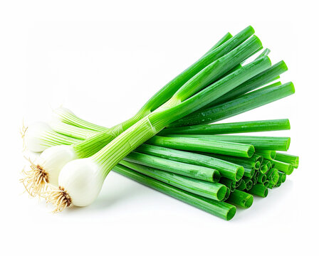 Whole green onions, white background. AI